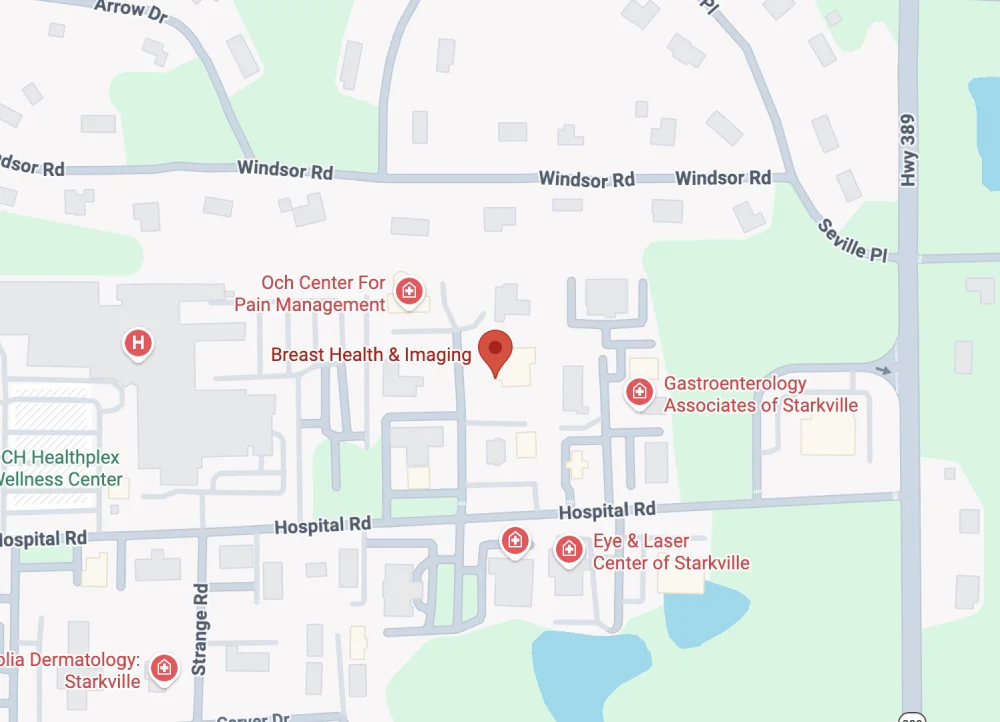 Map to Breast Health and Imaging at 102 Doctors Park in Starkville, Mississippi