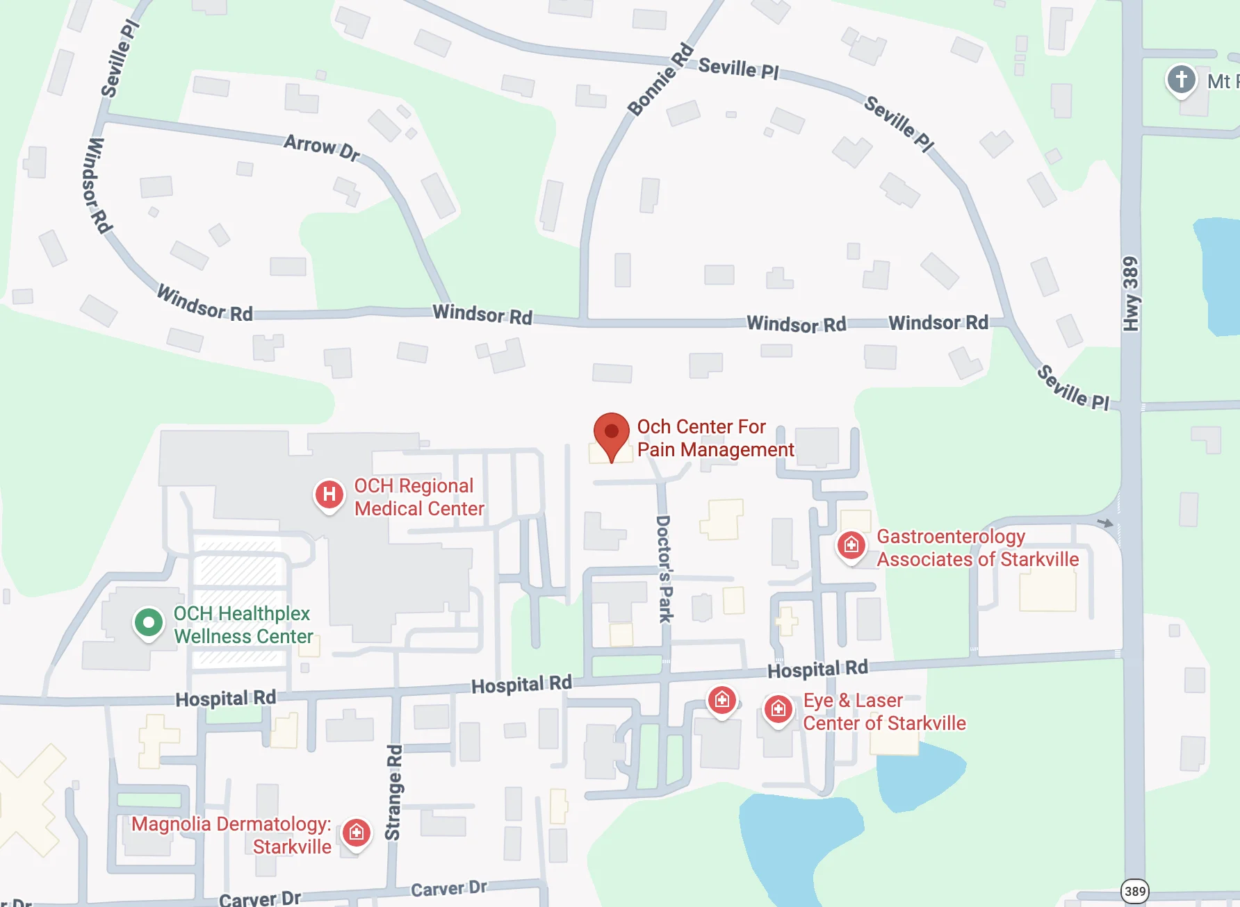 Map to Baptist Medical Group-Starkville Pain Management at 107 Doctors Park in Starkville, Mississippi