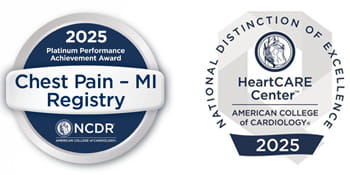 NCDR Chest Pain MI Registry Platinum Award and ACC HeartCARE Center Excellence badges, 2025