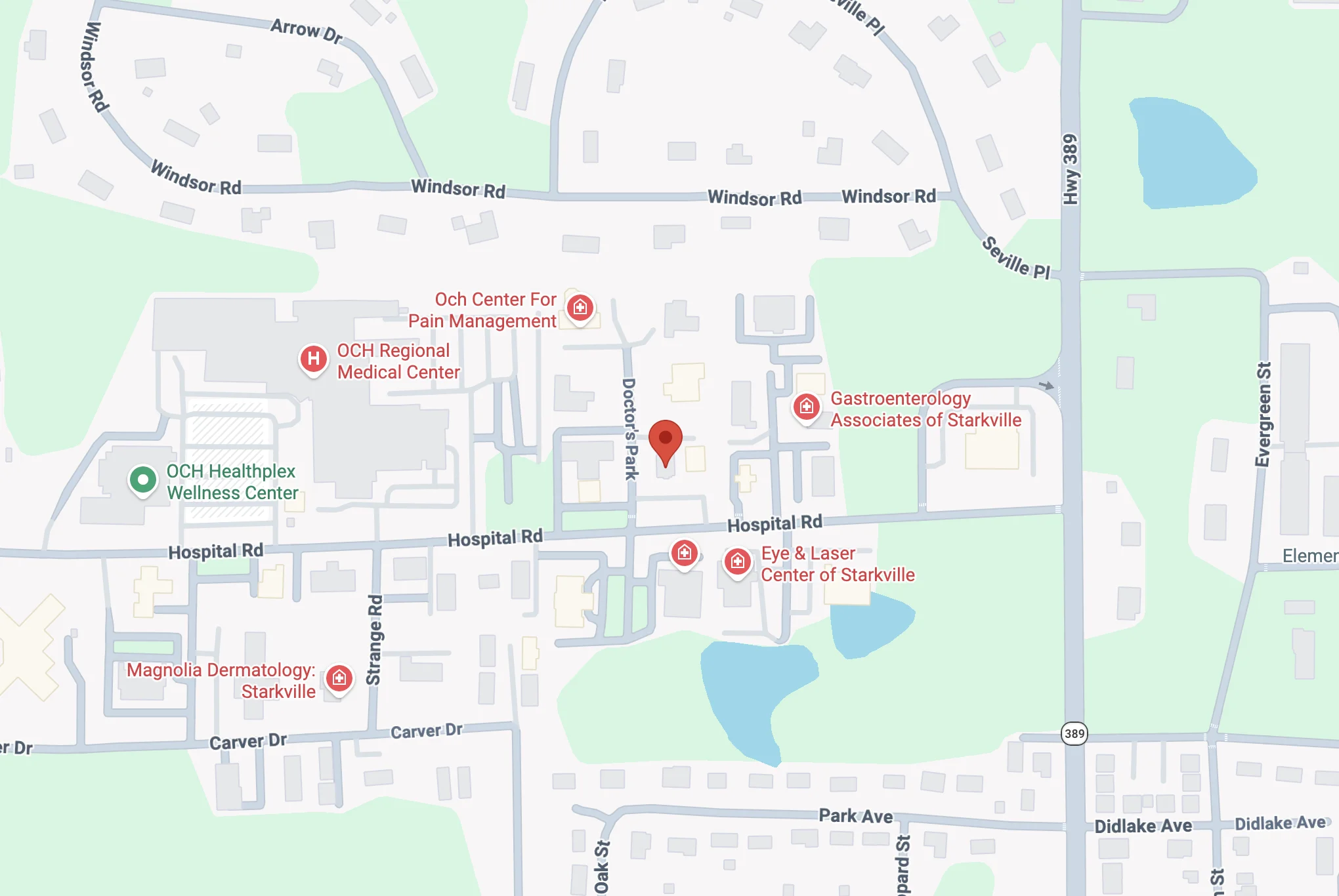Map to Baptist Medical Group-Starkville Medical Associates Family Health Location at 302 Hospital Road in Starkville, Mississippi