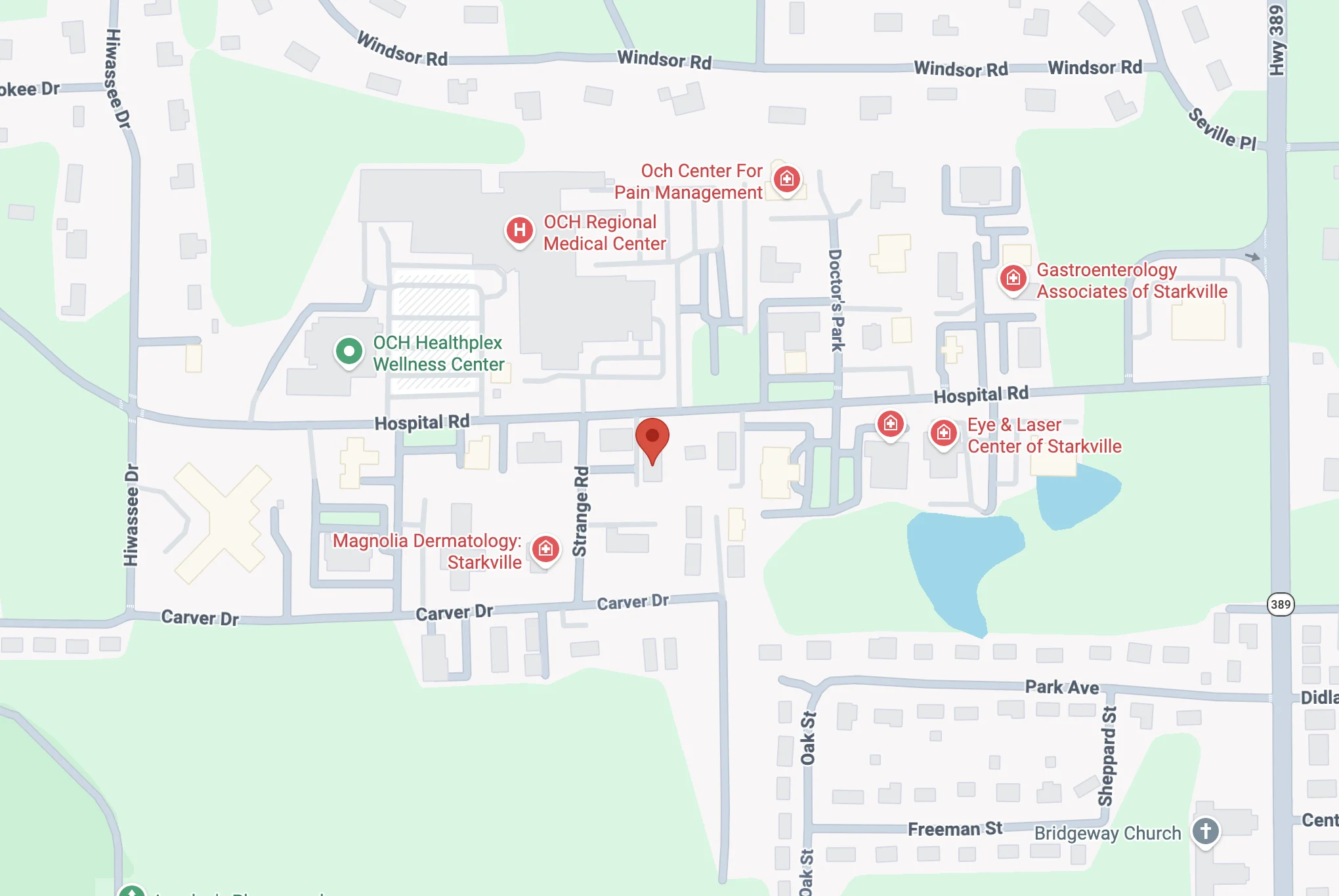 Map to Baptist Memorial Hospital-Oktibbeha Lung and Sleep Center at 305 Hospital Road in Starkville, Mississippi