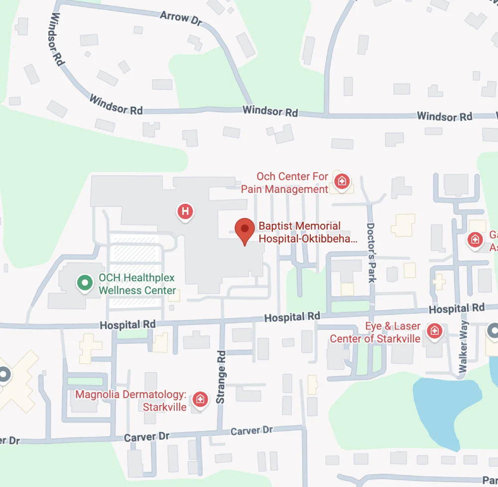 Map to Baptist Memorial Hospital-Oktibbeha County in Starkville, Mississippi