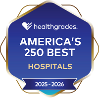 healthgrades America’s 250 Best Hospitals Award 2025-2026 on a blue hexagon background
